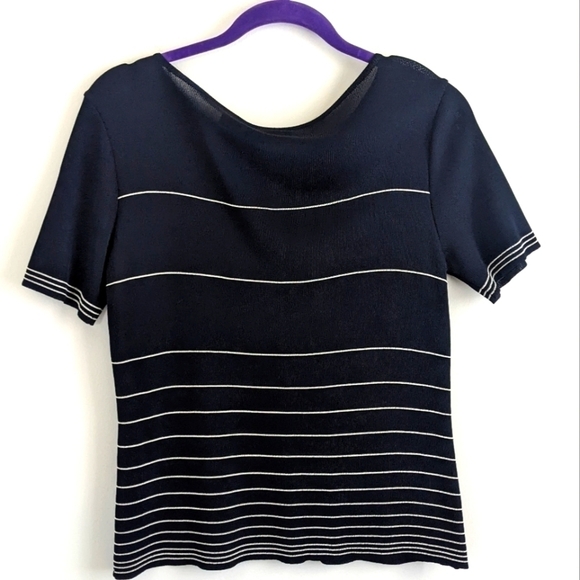𝅺FINE Knit Navy Blue Short Sleeve Sweater M Striped Top - Picture 2 of 12